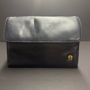 Aigner vintage navy leather clutch handbag purse w mirror eyeglass holder EUC